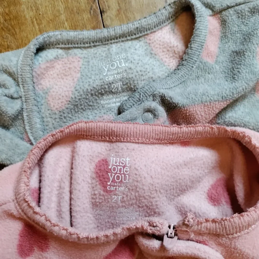 Carters pajamas footie 2T zip up hearts fleece pink gray bundle spring
